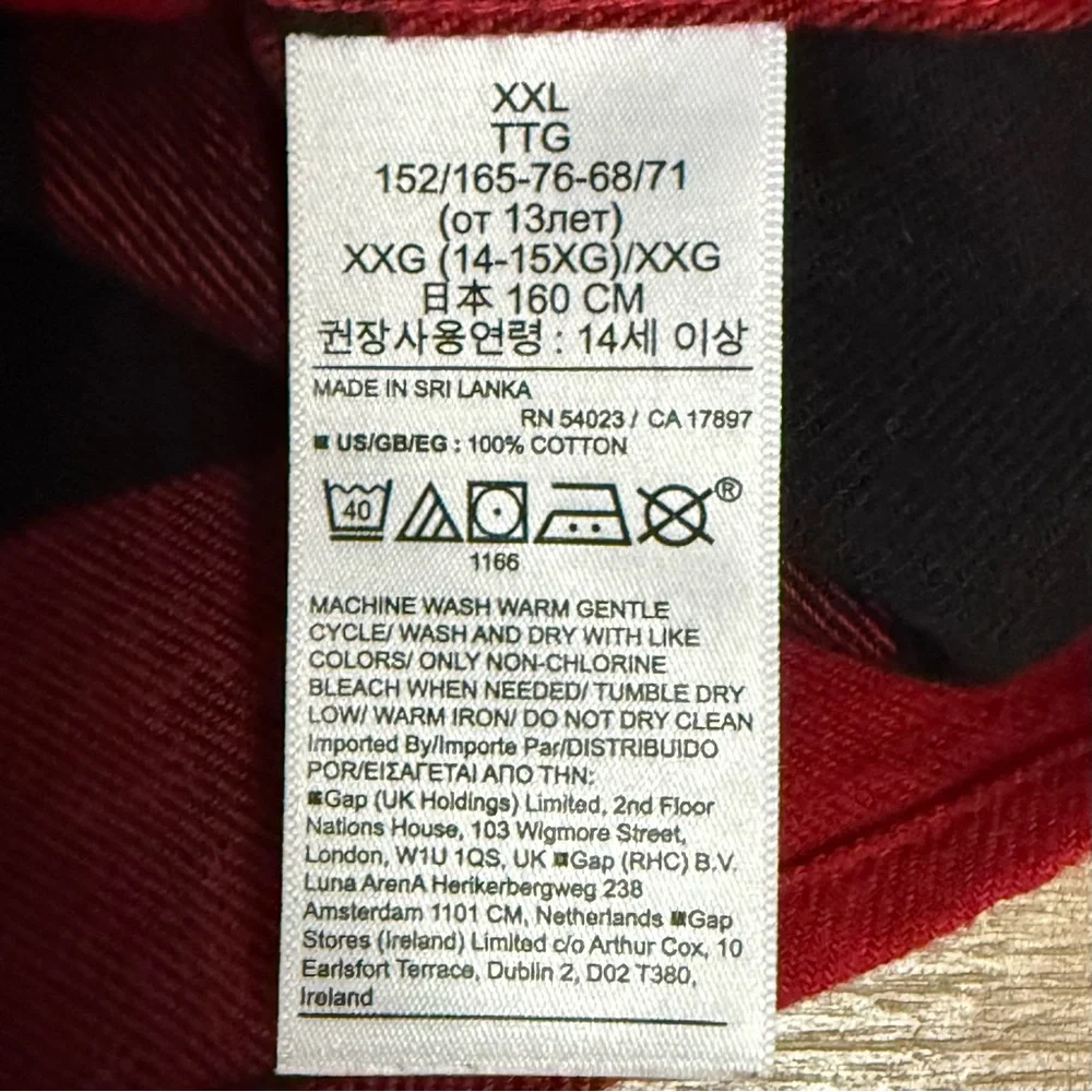 NWT Gap Kids Flannel LS Shirt 100% Organic Cotton Red Buffalo Plaid Sz XXL 14/16